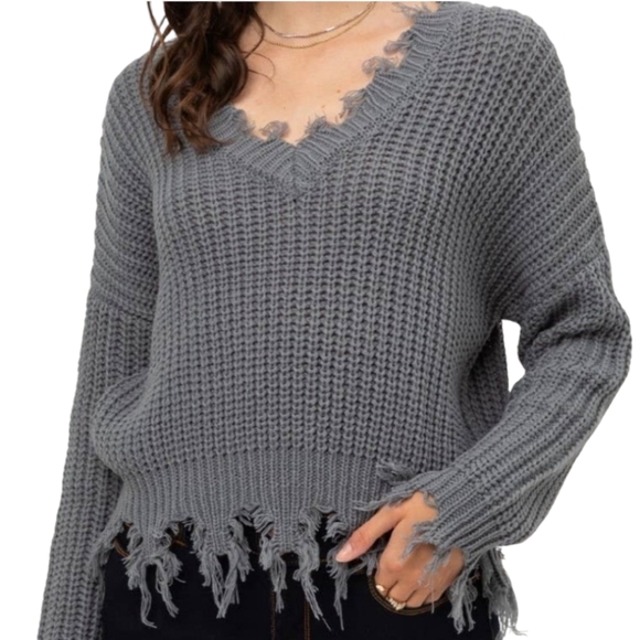 LTX Sportswear Distressed Comfy Soft Grey Oversized V-NecK Sweater - Picture 2 of 3